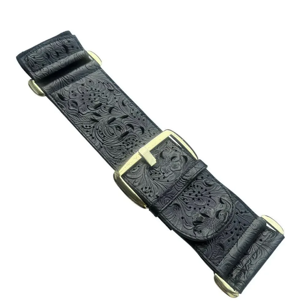 A|Wear Y2K Black Tooled Leather Stretch Waist Belt M/L Gold Buckle Western Boho